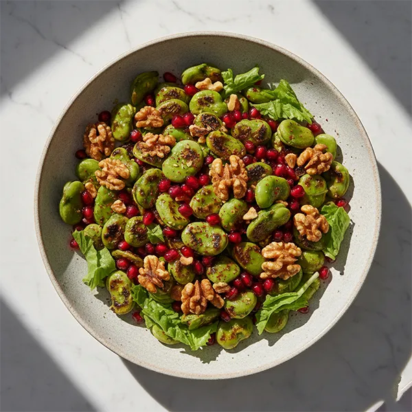 Roasted spiced  Fava Bean Salad with Pomegranate and Candied Walnuts